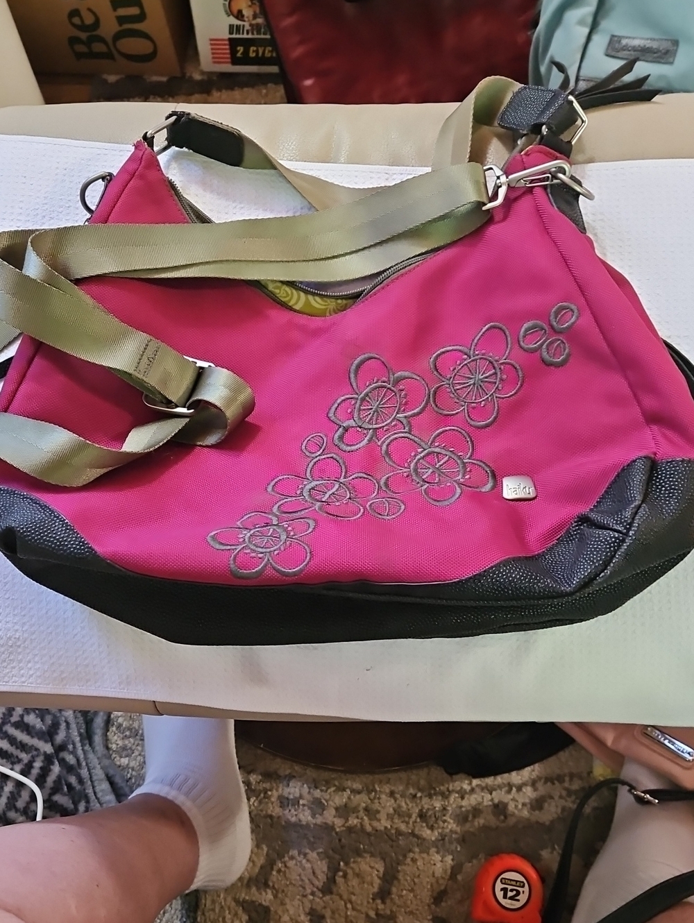 Haiku Fuchsia Floral Embroidered Shoulder Bag with Olive Strap